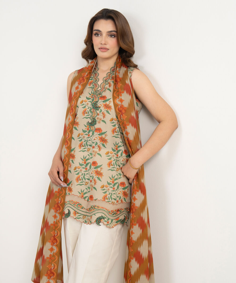 Women's Unstitched Lawn Embroidered Multi 2 Piece Suit