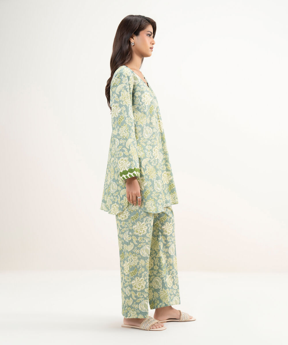 Women's RTW Seersucker Printed Green Straight Shirt