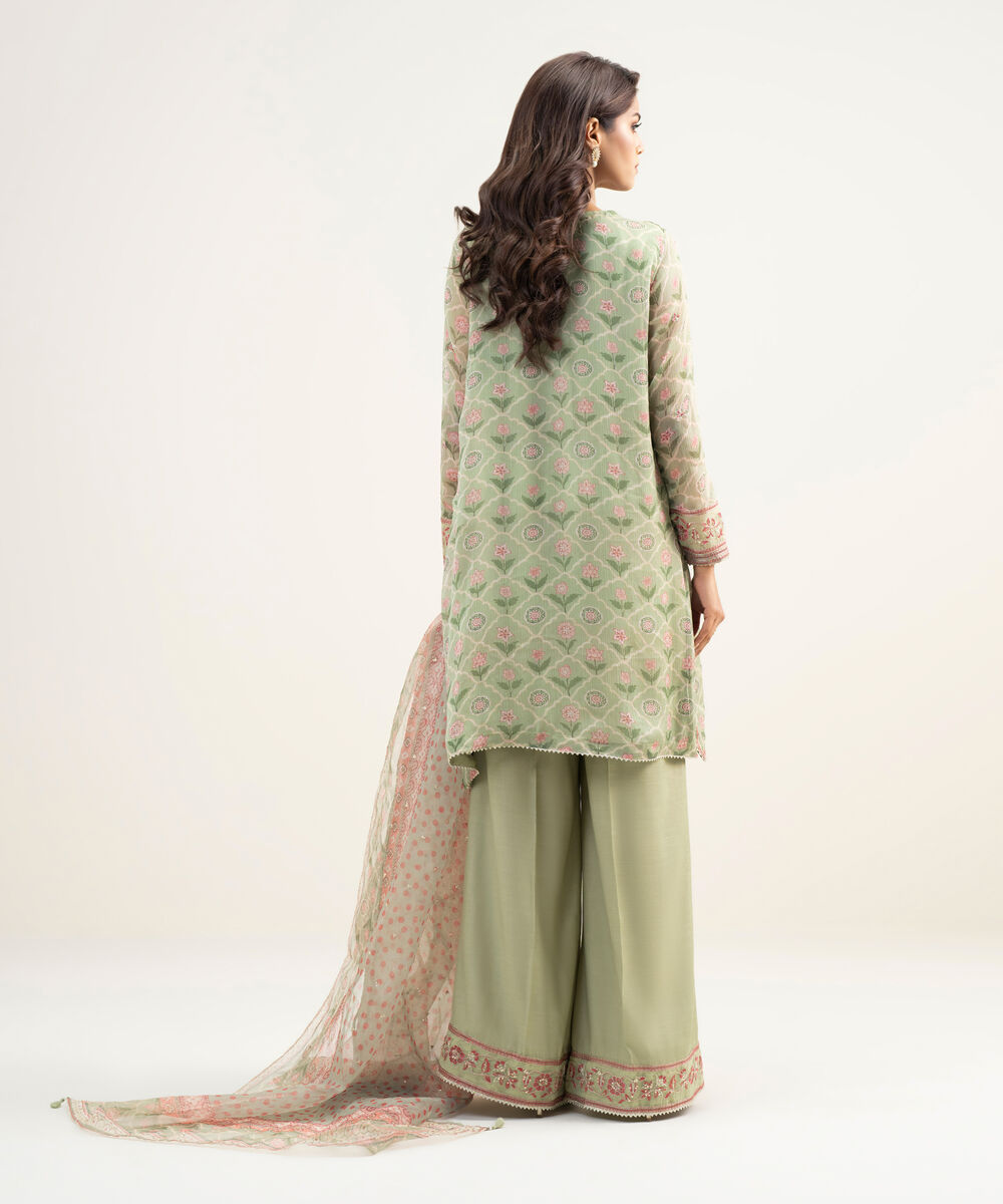 Women's RTW Blended Chiffon Embroidered Green 3 Piece Suit