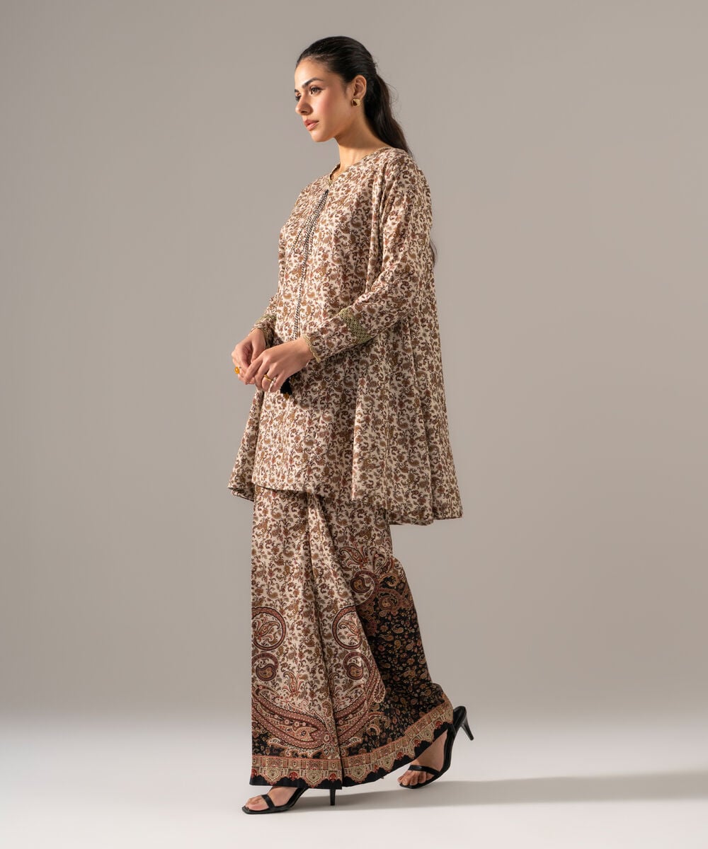 Women's RTW Khaddar Printed Beige 2 Piece Suit