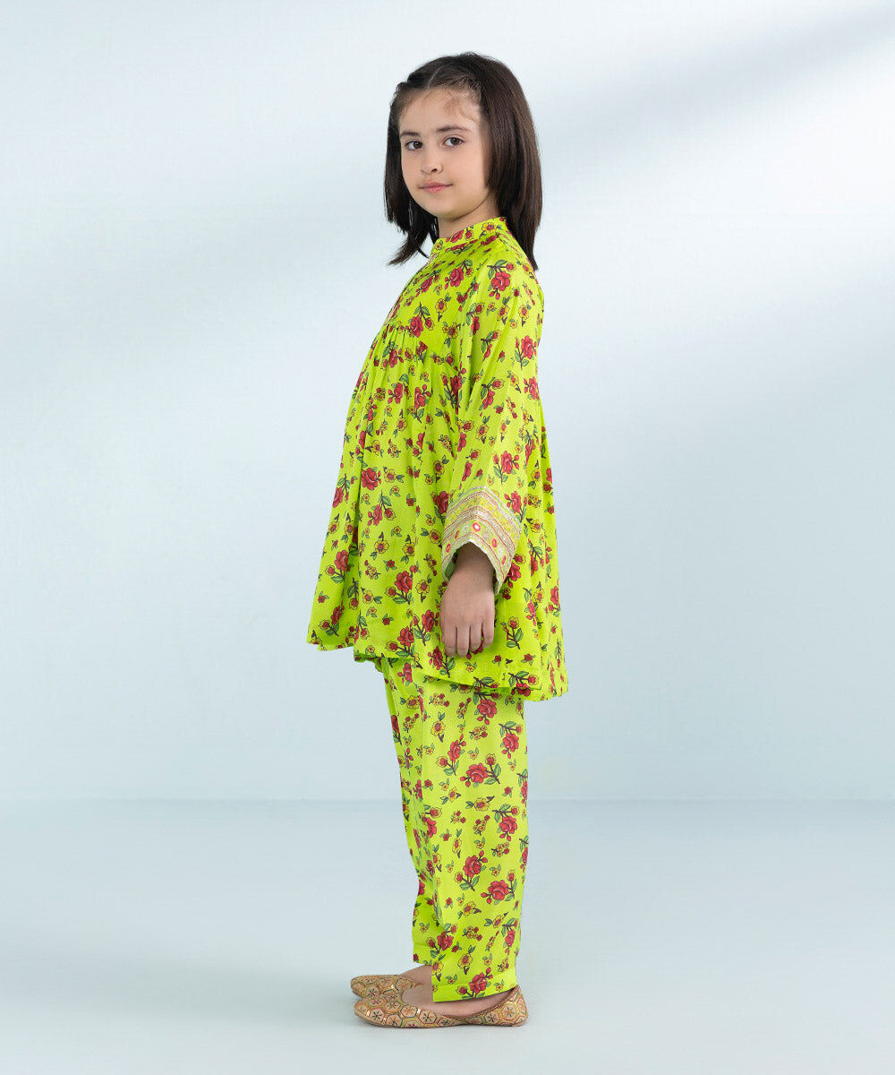 Girls 2 Piece Printed Embroidered Viscose Raw Silk Suit in Green