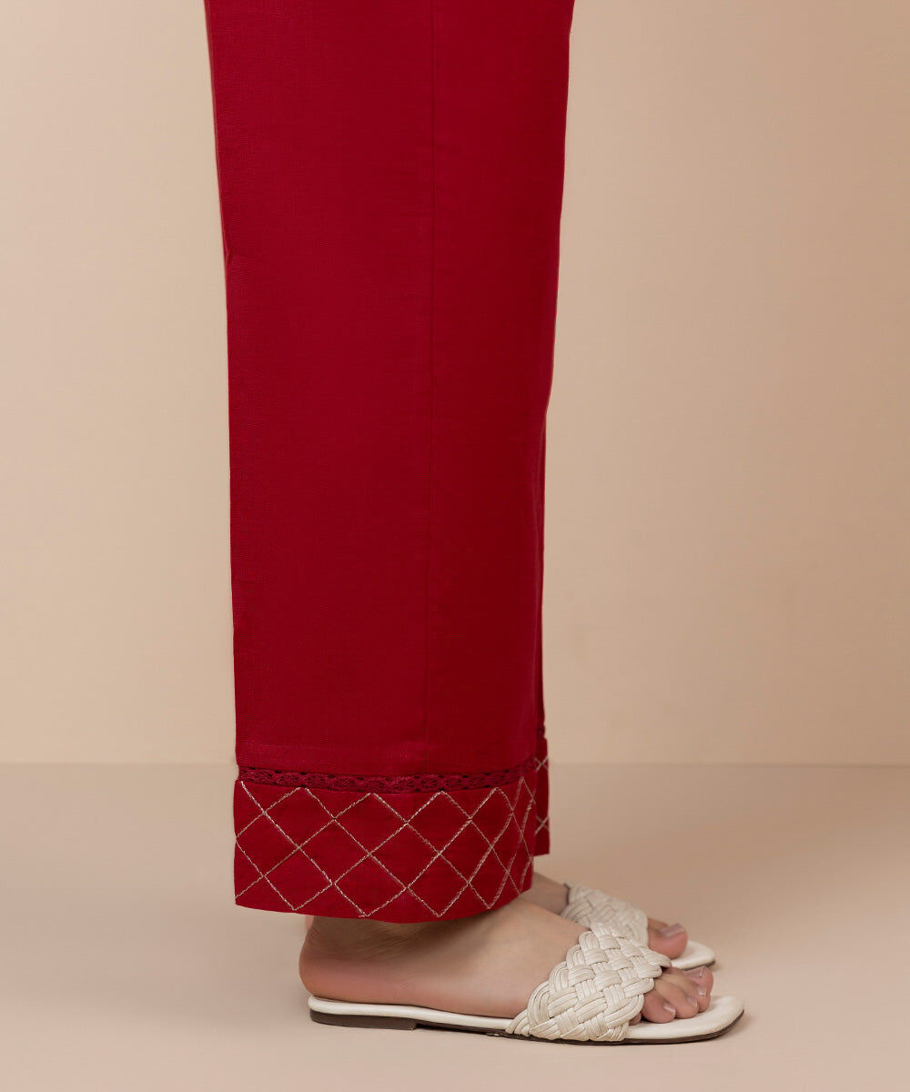 Women's Pret Cotton Linen Solid Embroidered Red Straight Pants
