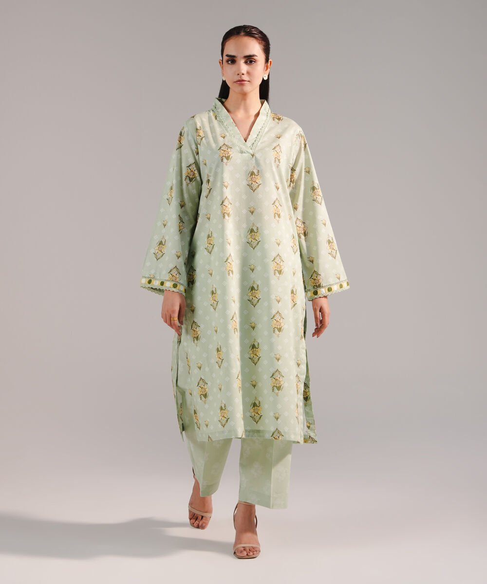 Women's RTW Lawn Printed Green Straight Shirt