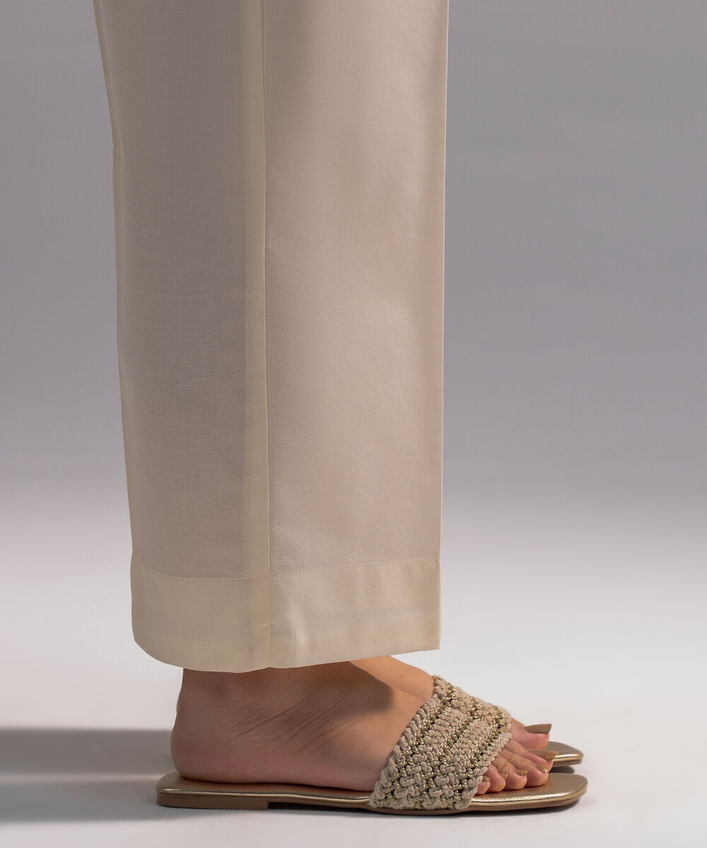 Women's RTW Cambric Solid Off White Straight Pants