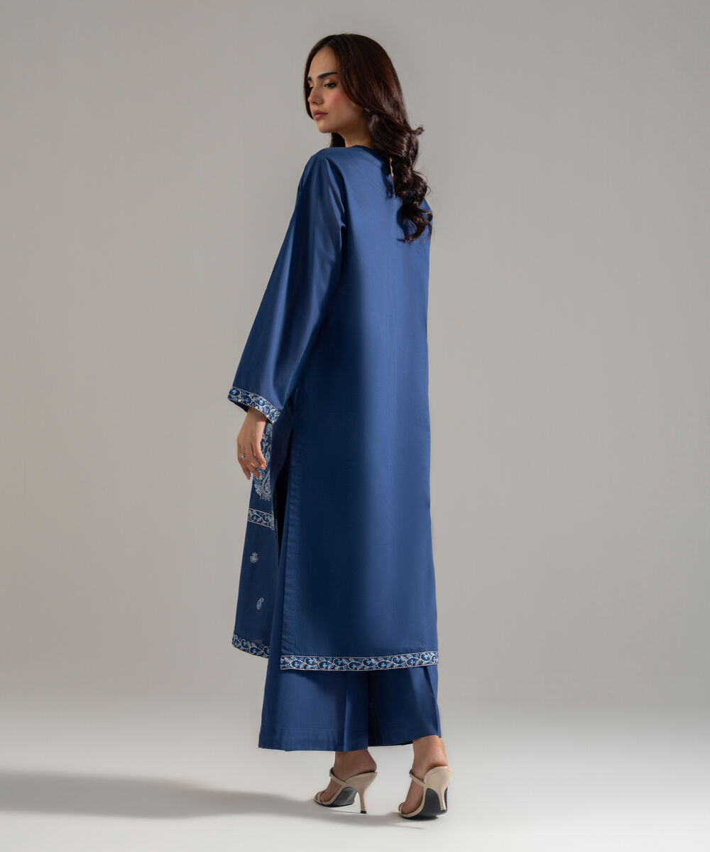 Women's RTW Lawn Solid Embroidered Dark Blue Straight Shirt
