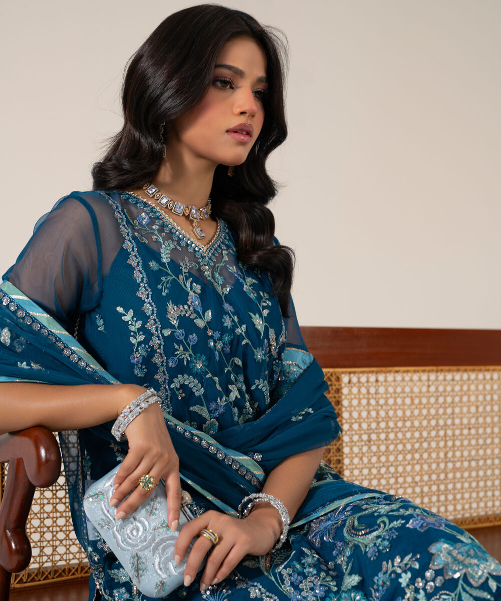 Women's Unstitched Net Embroidered Teal Green 3 Piece Suit