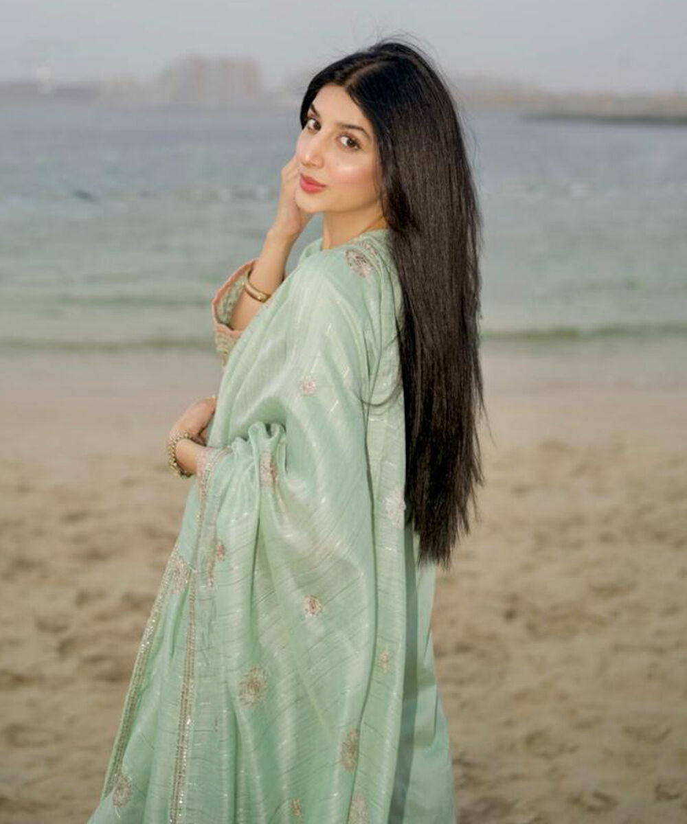 Women's RTW Self Jacquard Leno Embroidered Mint Green A-Line Shirt