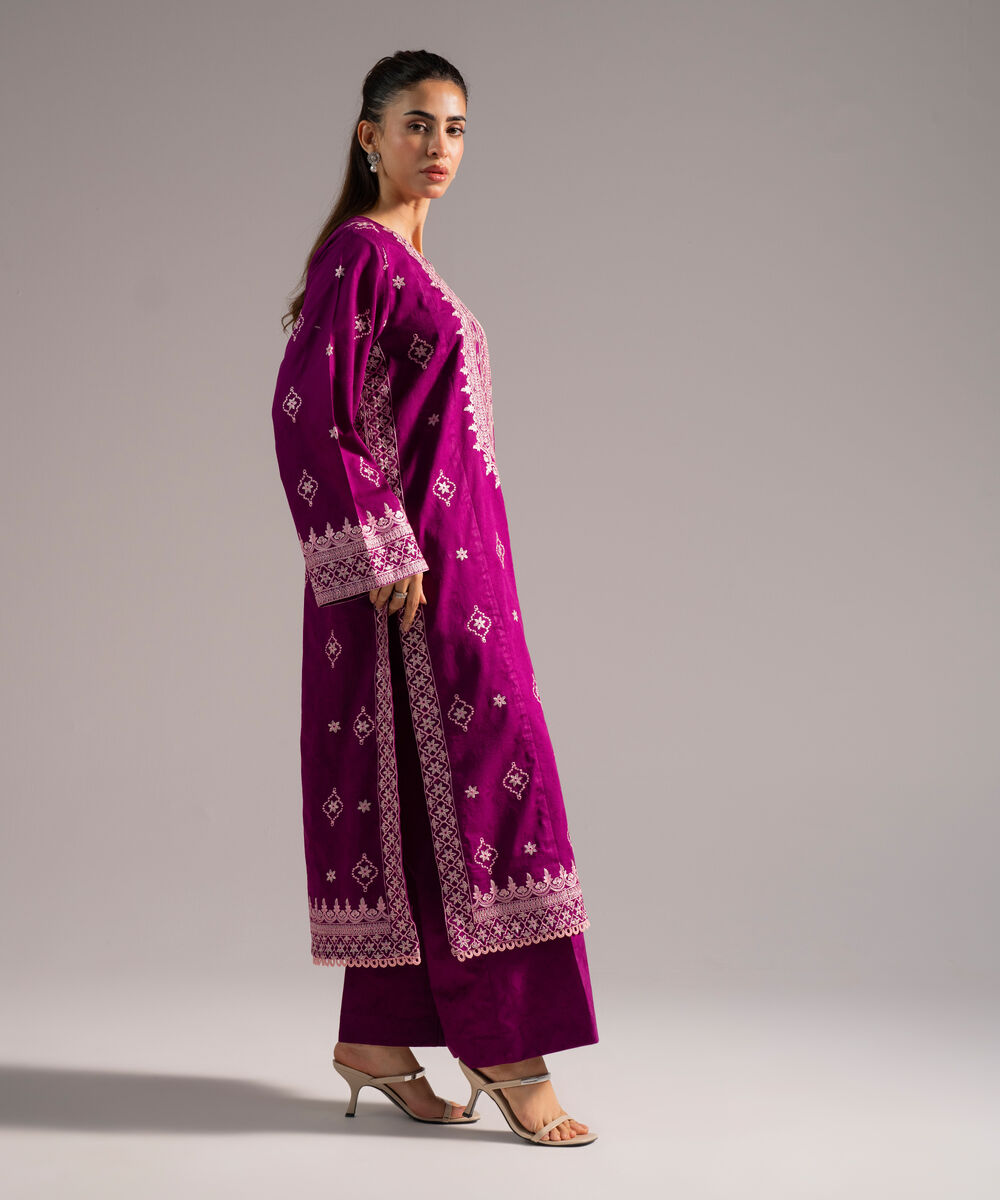 Women's RTW Self Jacquard Embroidered Purple 2 Piece Suit