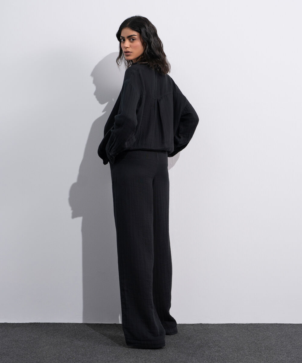Women's Black Pleated Muslin Trousers