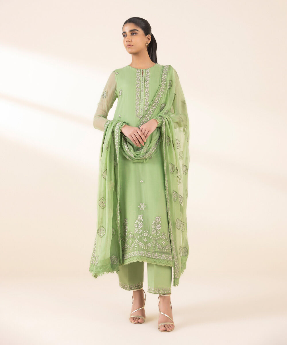 Women's Unstitched Green Blended Chiffon, Chiffon 3 Piece Suit