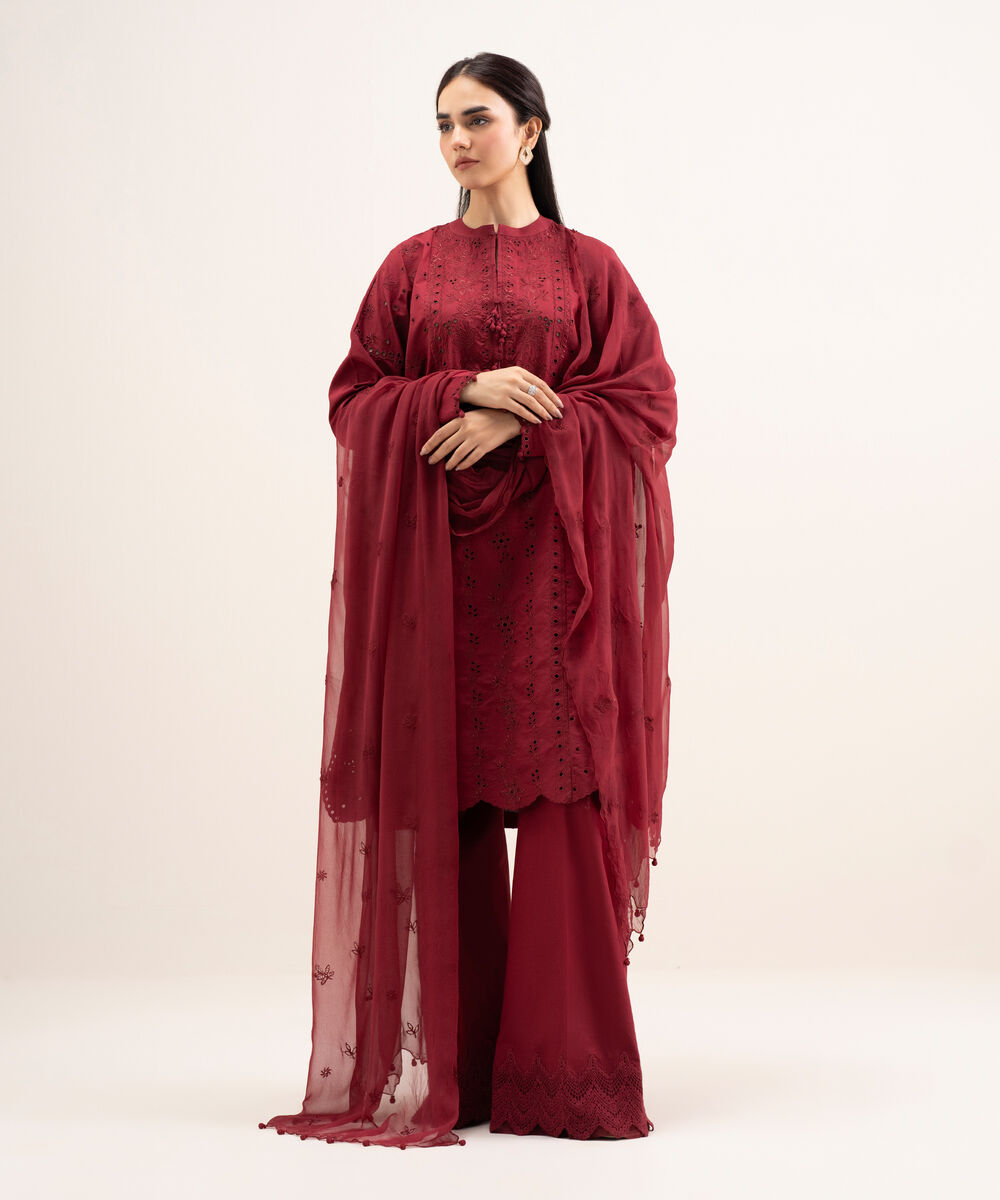 Women's Unstitched Textured Lawn Embroidered Red 3 Piece Suit