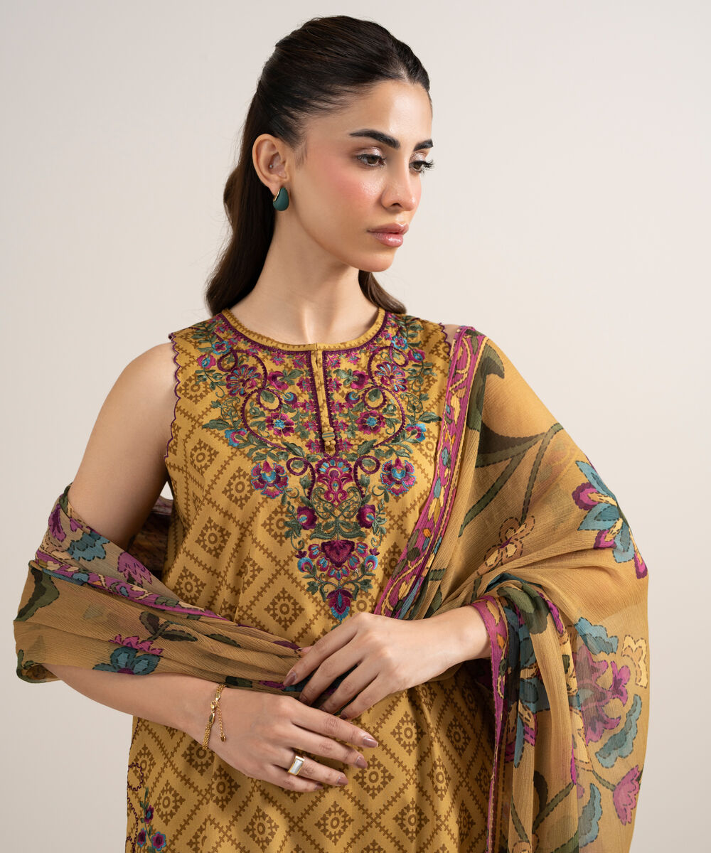 Women's Unstitched Lawn Embroidered Yellow 3 Piece Suit
