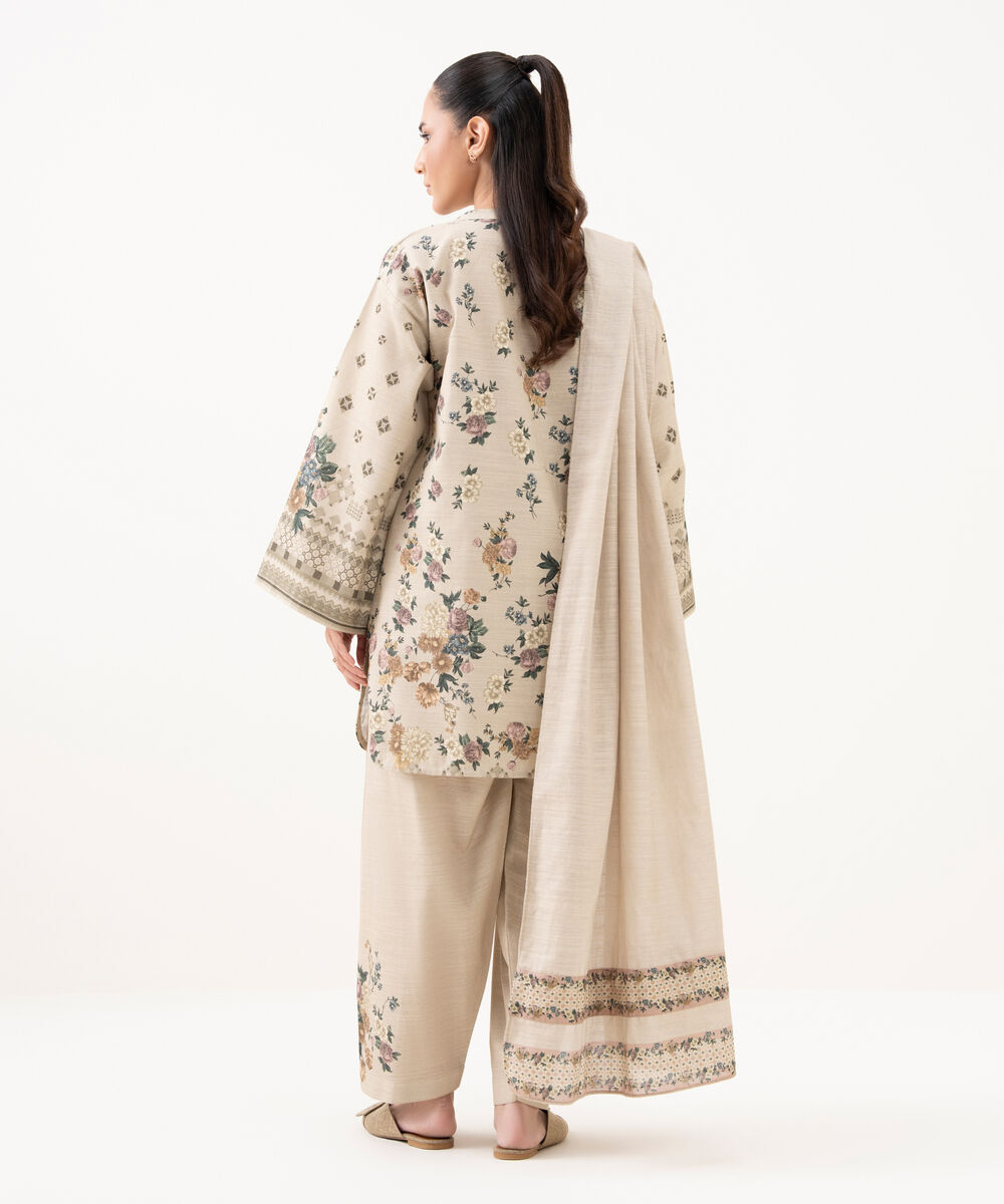 Women's Unstitched Cotton Printed Beige 3 Piece Suit