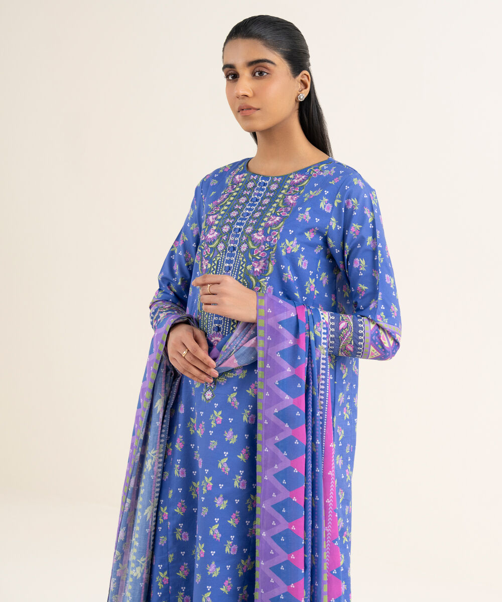 Women's Unstitched Textured Lawn Embroidered Blue 3 Piece Suit