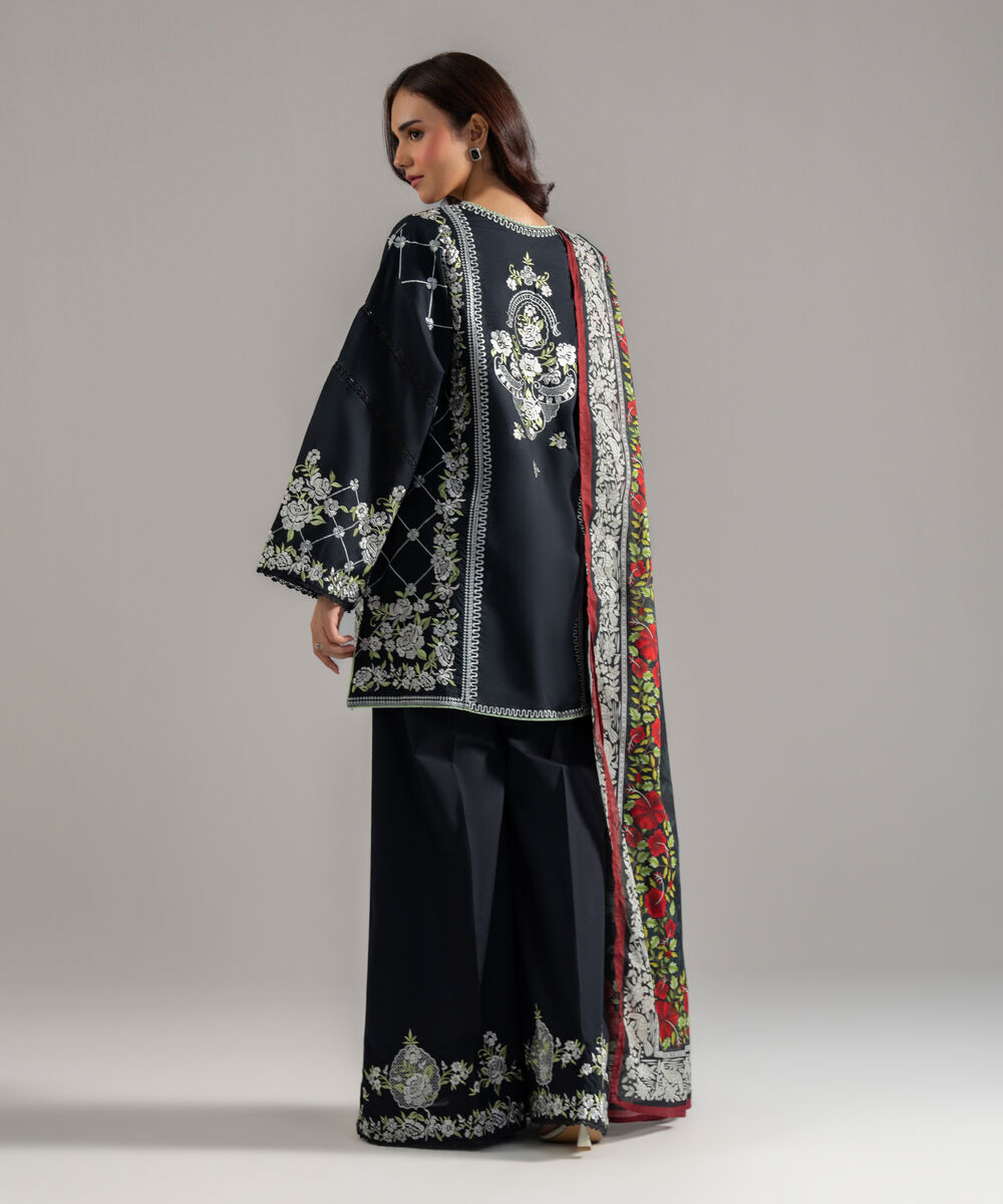 Women's RTW Cambric Solid Embroidered Black 3 Piece Suit
