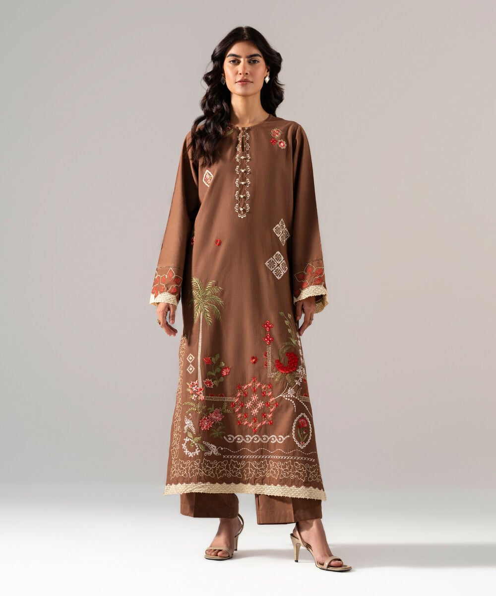 Women's RTW Solid Embroidered Brown Cotton Viscose Shirt