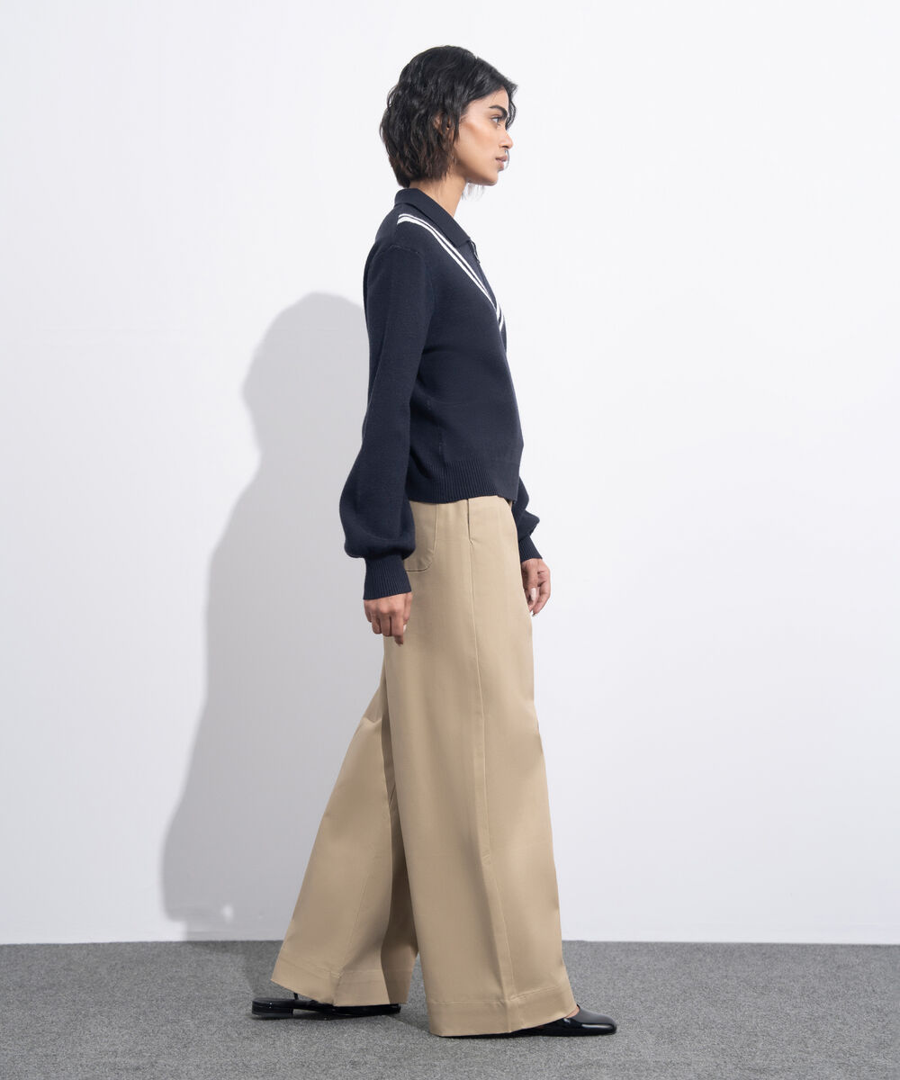 Women's Western Wear Blue Striped Polo Knit Sweater