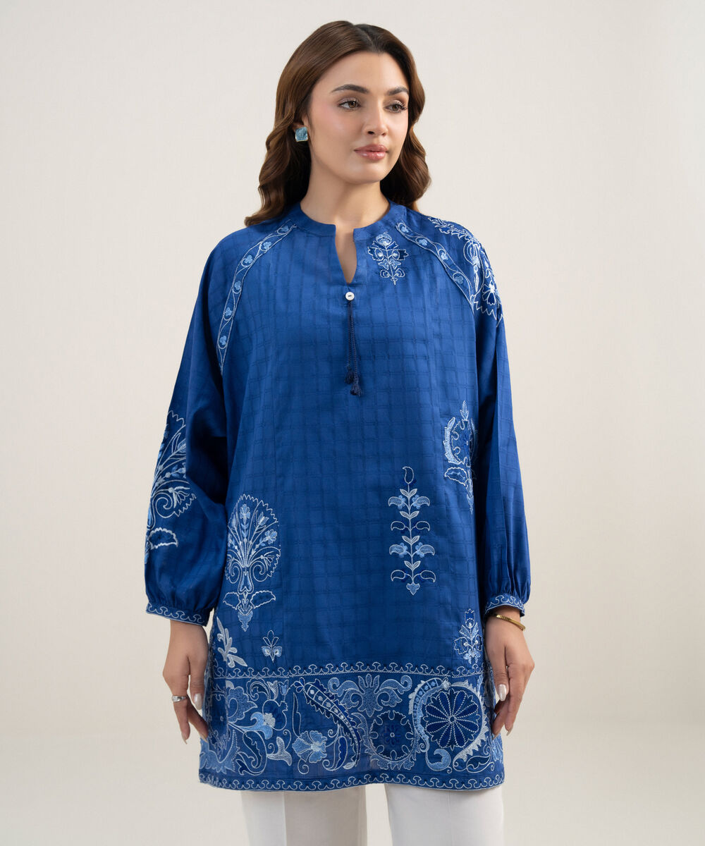 Women's RTW Dobby Embroidered Dark Blue Drop Shoulder Shirt