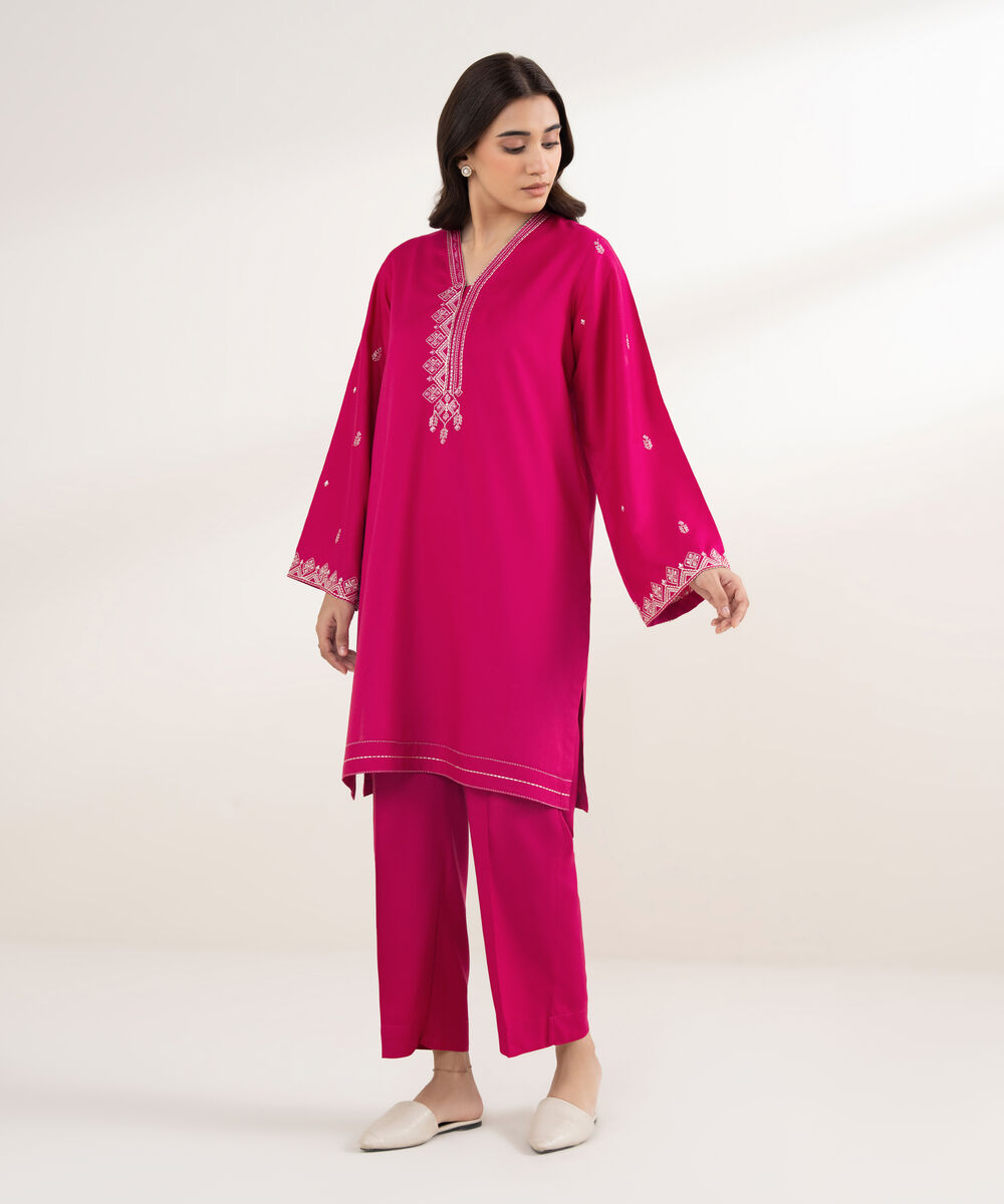 Women's RTW Viscose Linen Embroidered Pink Shirt