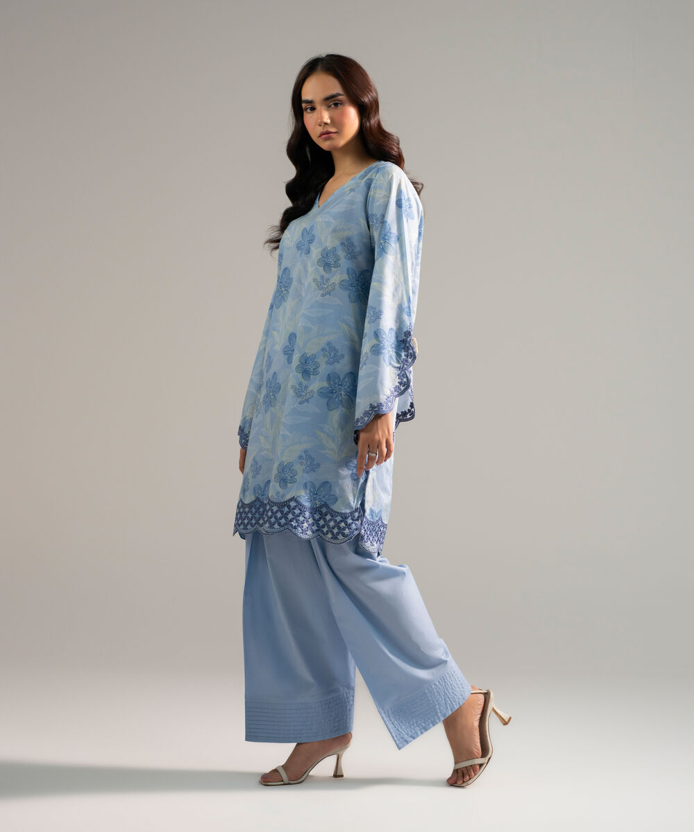 Women's RTW Slub Lawn Embroidered Blue 2 Piece Suit