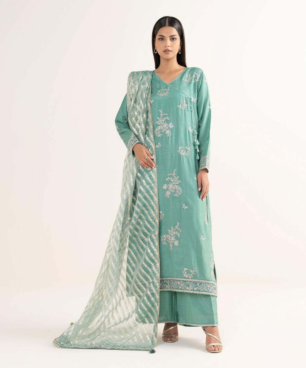 Women's RTW Raw Silk Green Embroidered 3 Piece Suit