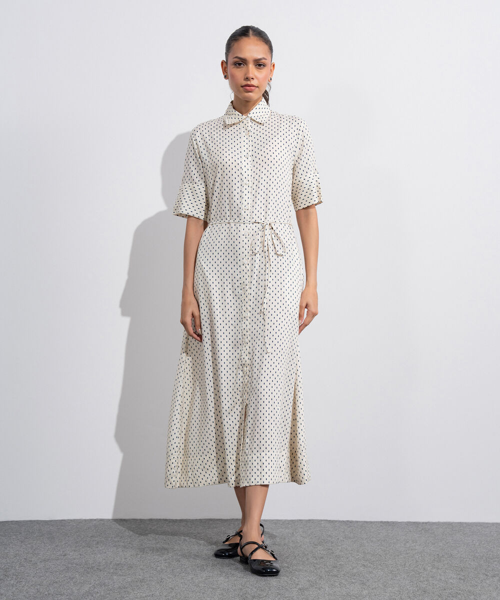 Women's Western White And  Black Polka Dots Flowy Dress