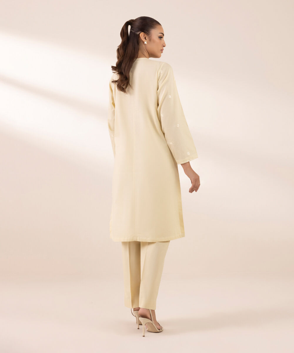 Women's RTW Dobby Beige Embroidered A-Line Shirt