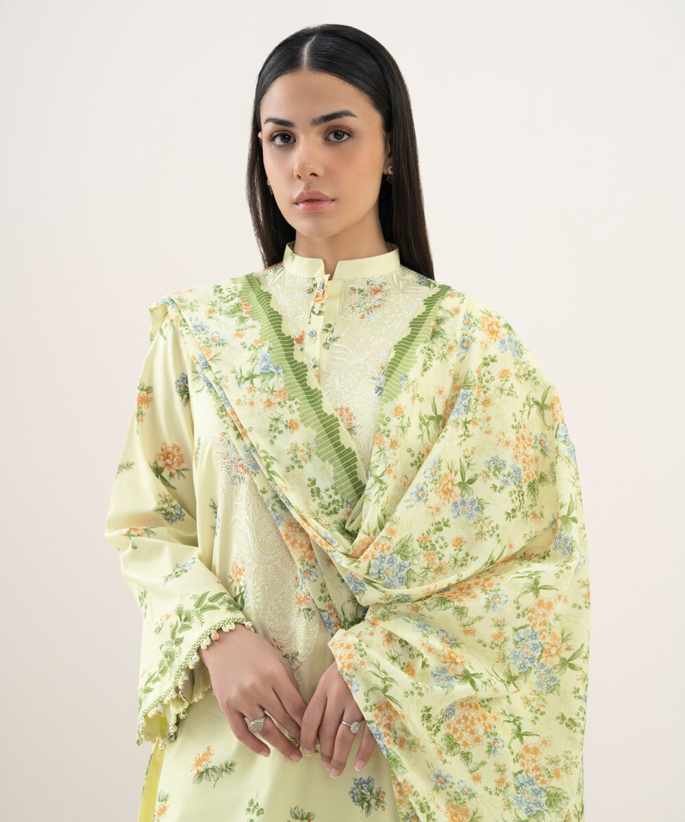 Women's Unstitched Lawn Embroidered Yellow 3 Piece Suit
