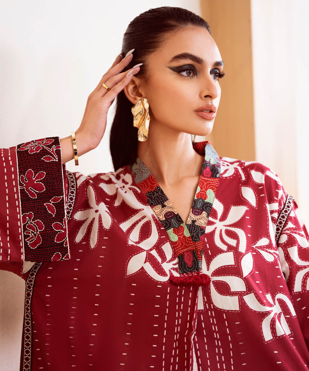 Woman - Red Embroidered Cambric Shirt