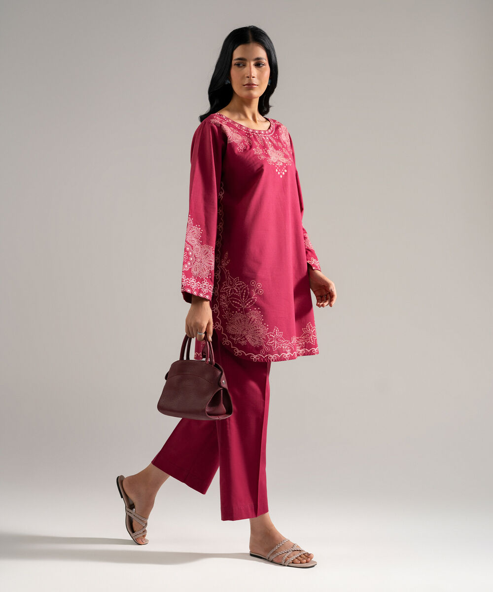 Women's RTW Slub Lawn Printed Pink 2 Piece Suit