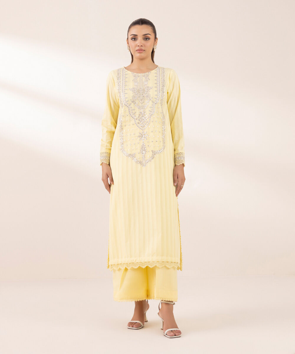 Women's RTW Dobby Yellow Embroidered A-Line Shirt