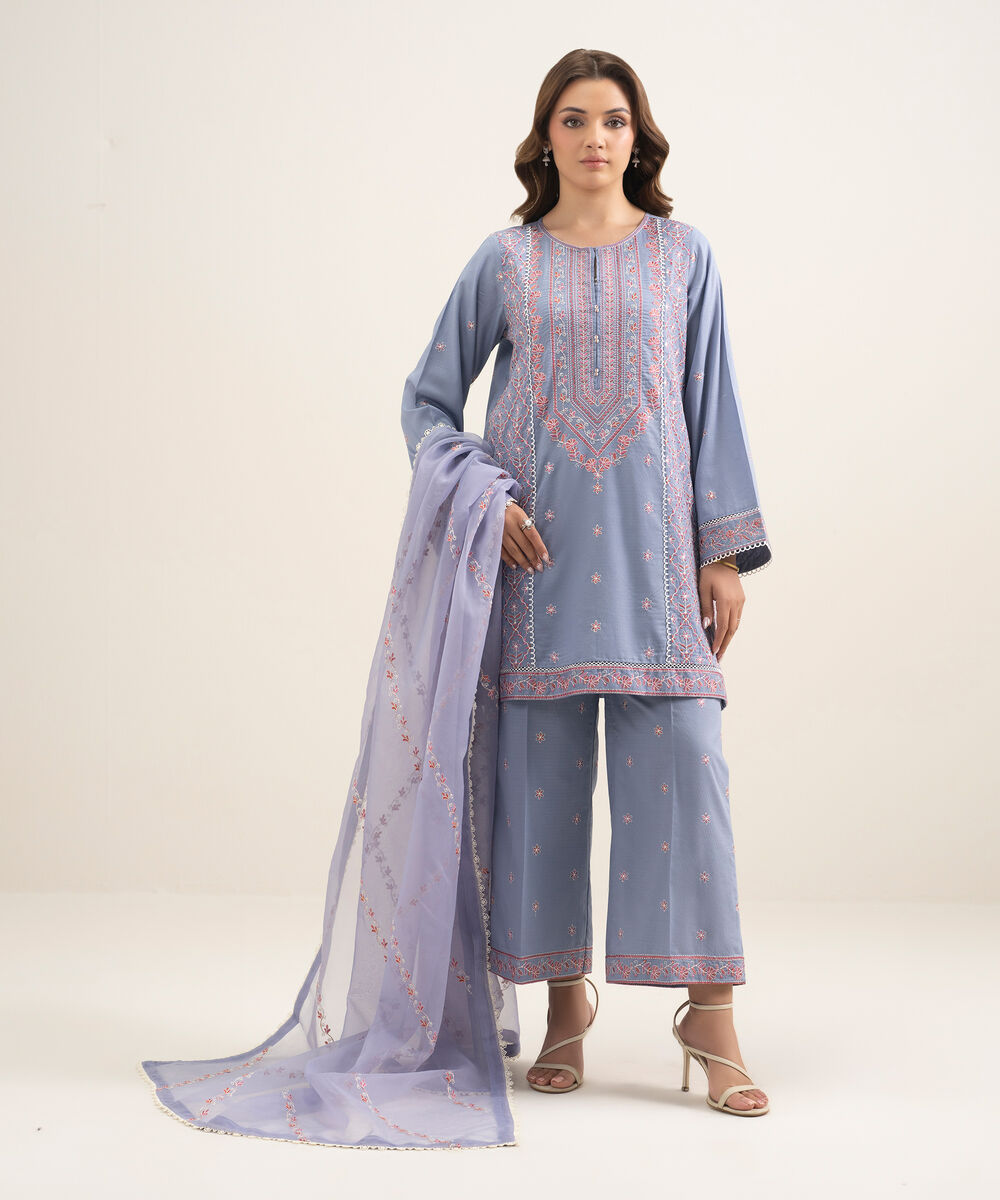 Women's RTW Dobby Embroidered Grey Straight Shirt