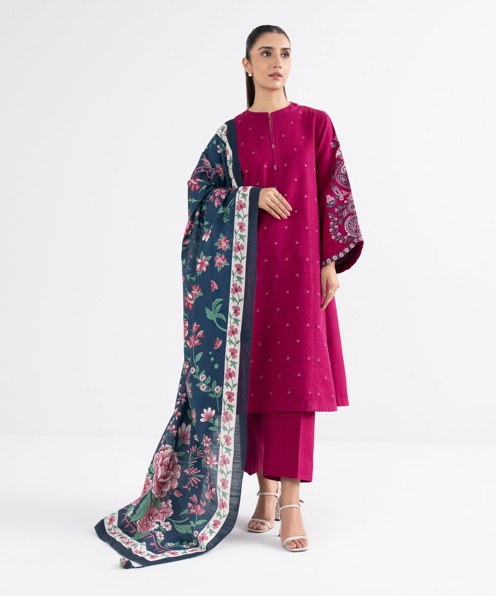 Women's Unstitched Khaddar Embroidered Pink 3 Piece Suit
