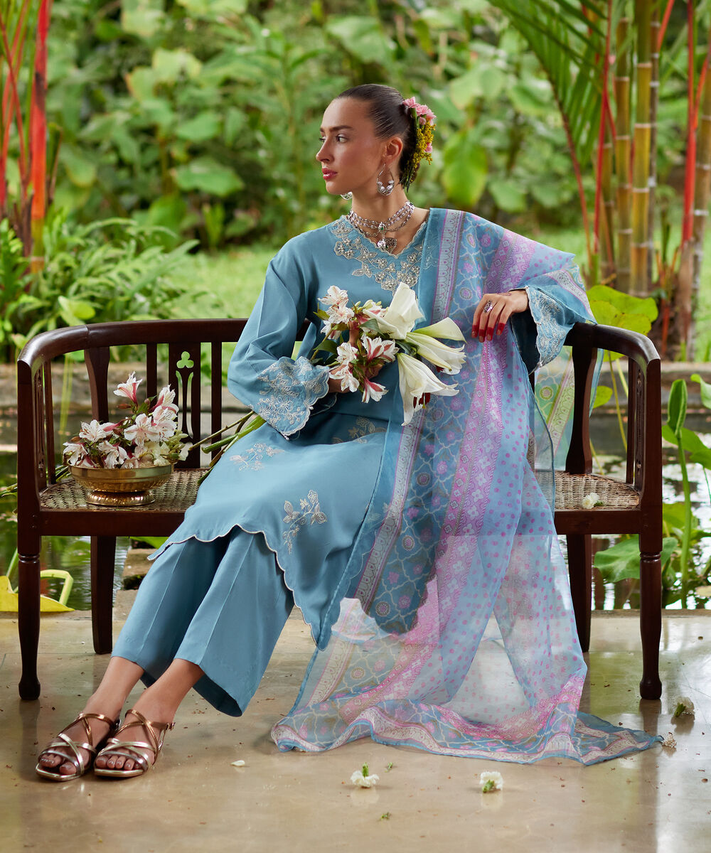 Women's RTW Viscose Raw Silk Embroidered Blue 3 Piece Suit