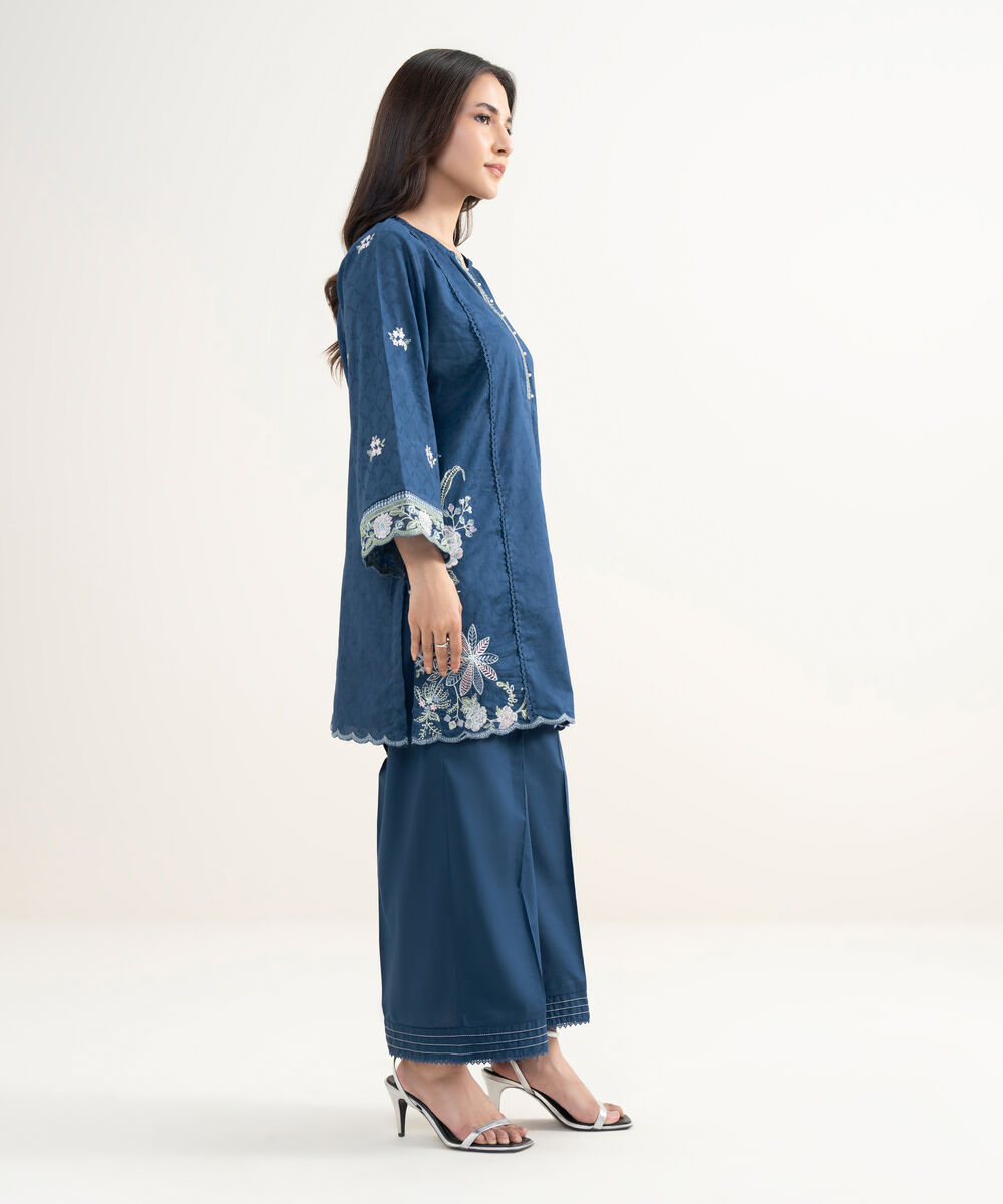 Women's RTW Self Jacquard Embroidered Blue Straight Shirt