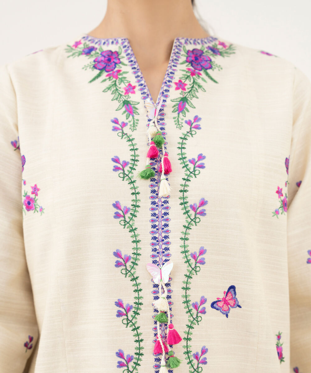 Women's Unstitched Embroidered Khaddar Off White 3 Piece Suit