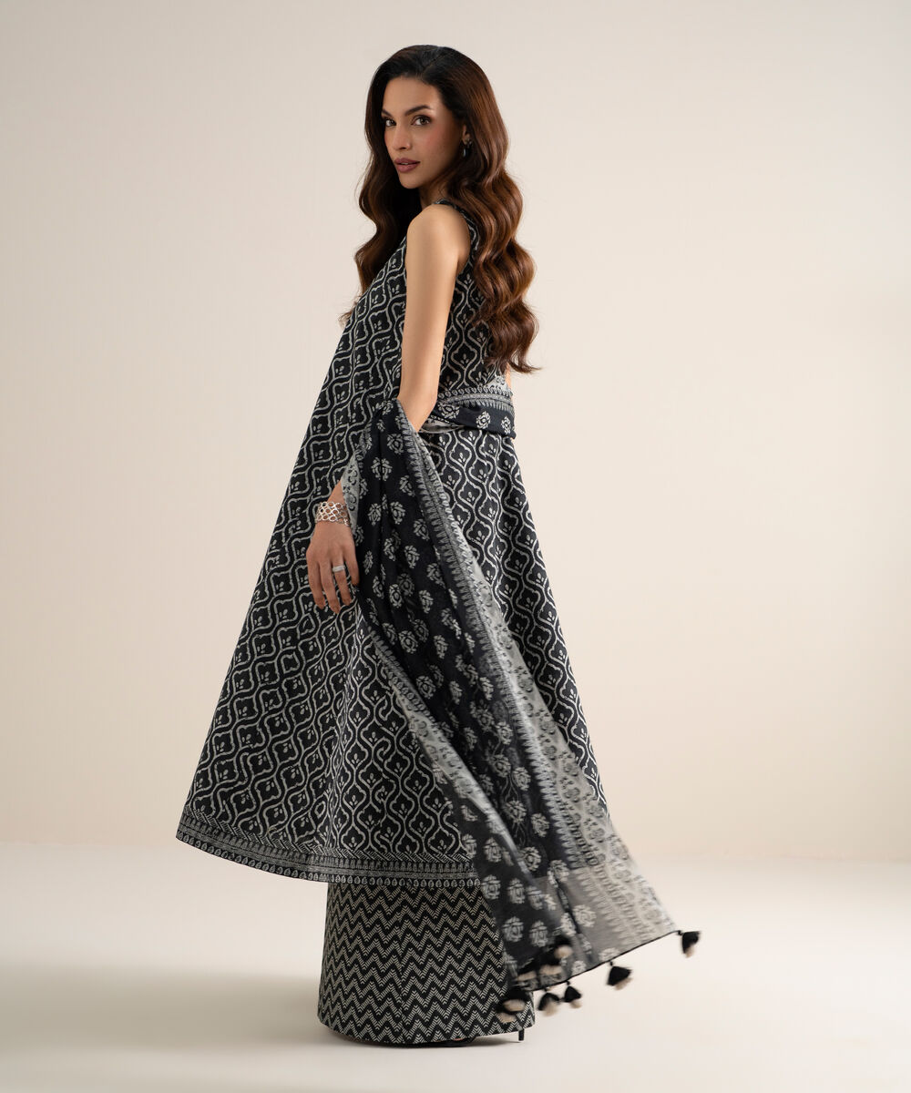 Women's Unstitched Lawn Printed Black & White  3 Piece Suit