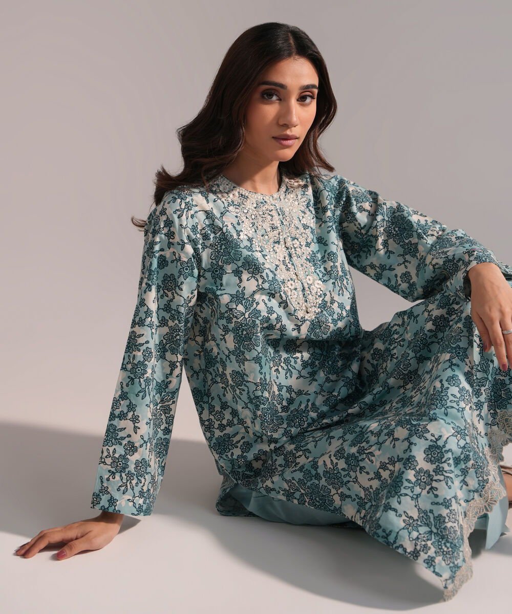 Women's RTW Cambric Embroidered Blue 3 Piece Suit