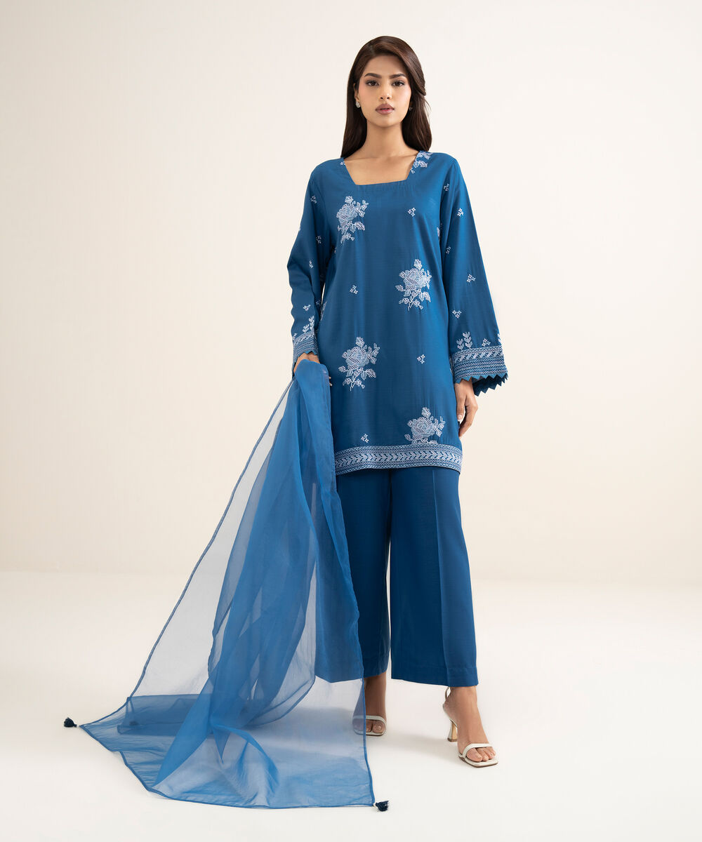 Blended Organza Solid Blue Dupatta