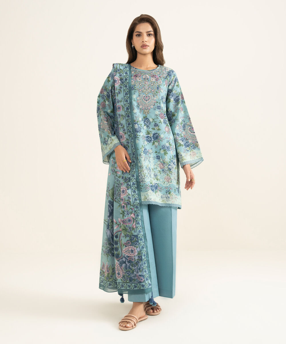 Women's Unstitched Lawn Embroidered Blue 3 Piece Suit