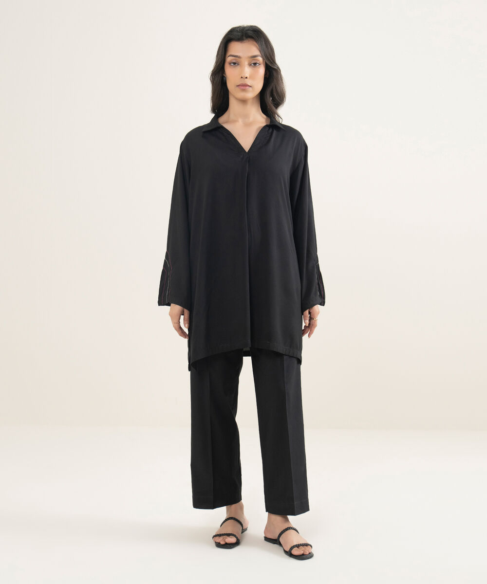 Women's RTW Arabic Lawn Solid Black Straight Shirt