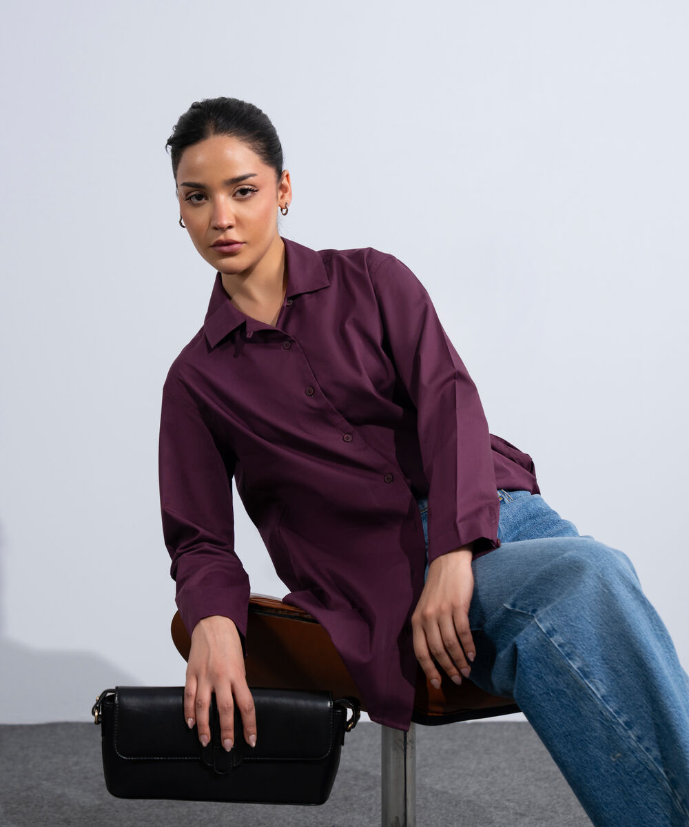 Women's Western Burgundy Long Button Through Shirt