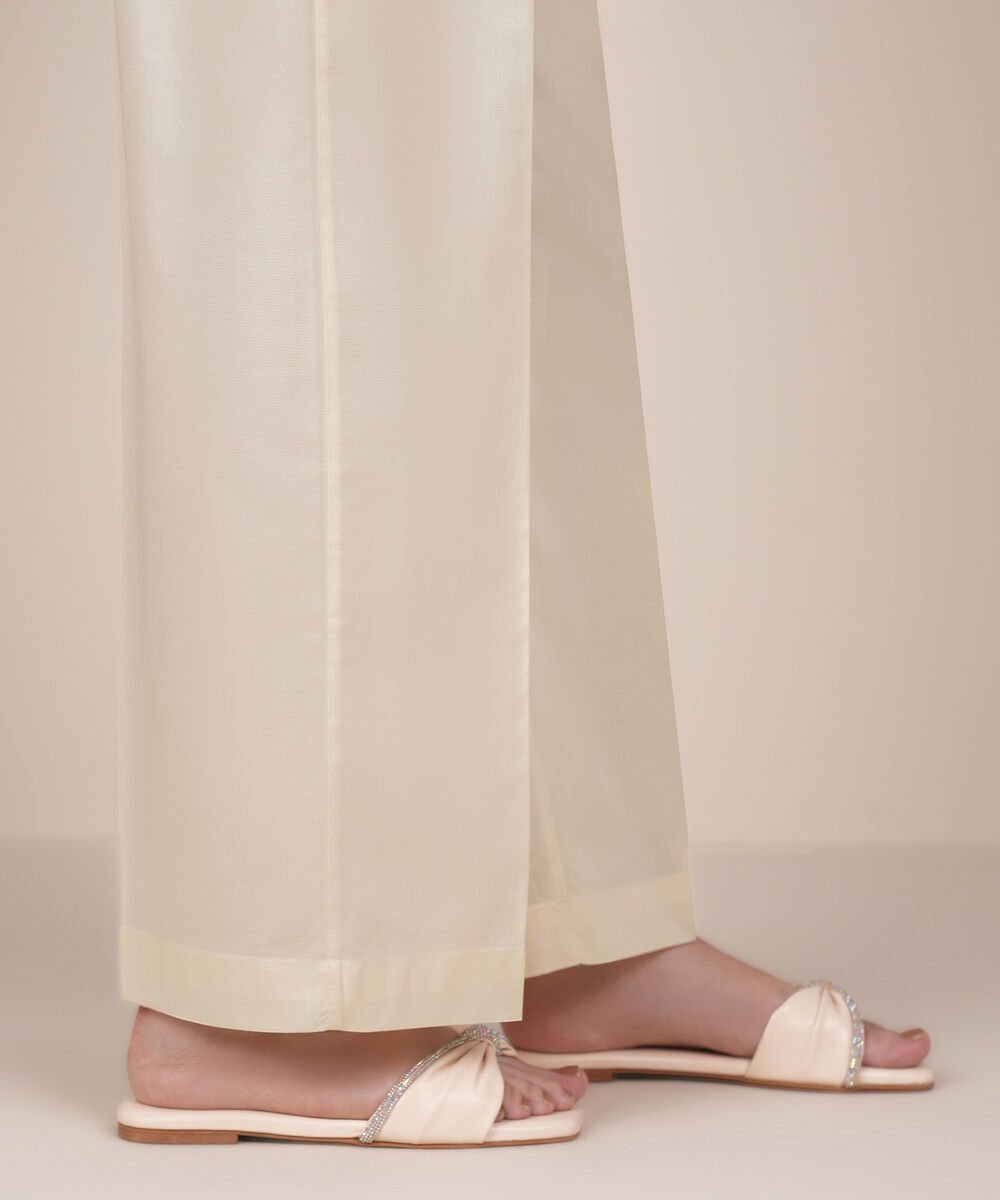 Women's RTW Cambric Beige Solid Straight Pants