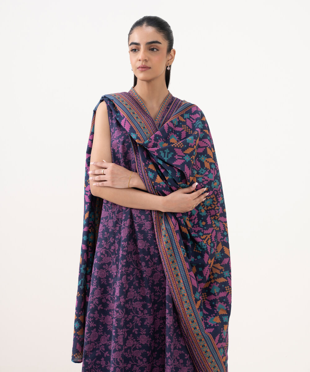 Women's Unstitched Khaddar Printed Purple 3 Piece Suit