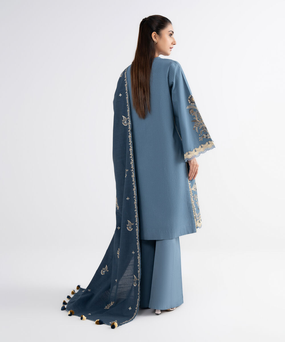 Women's Unstitched Dobby Embroidered Grey 3 Piece Suit