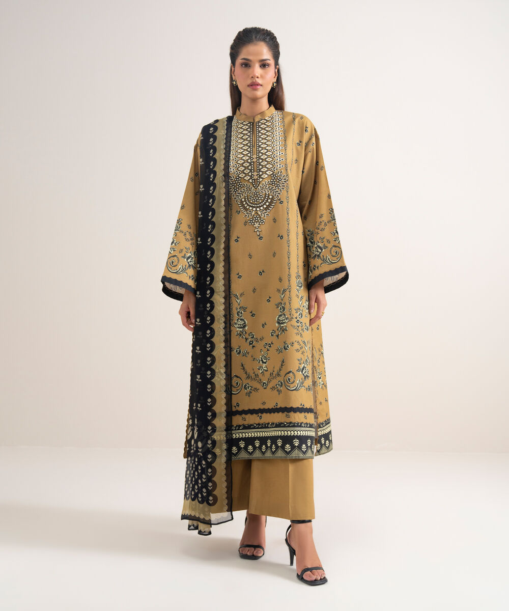 Women's Unstitched Cotton Embroidered Yellow