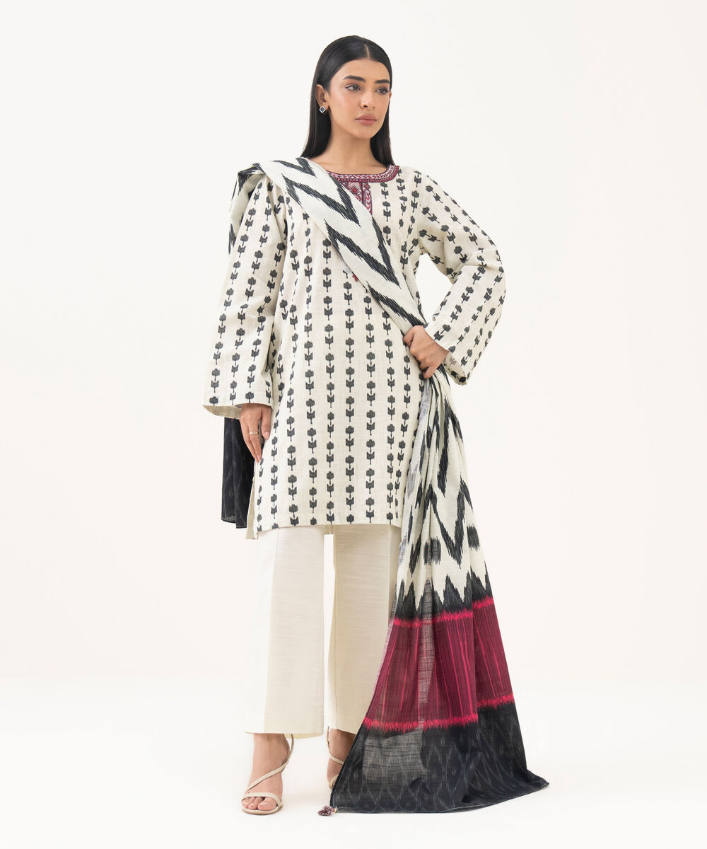 Women's RTW Light Khaddar Embroidered Off White Straight Shirt