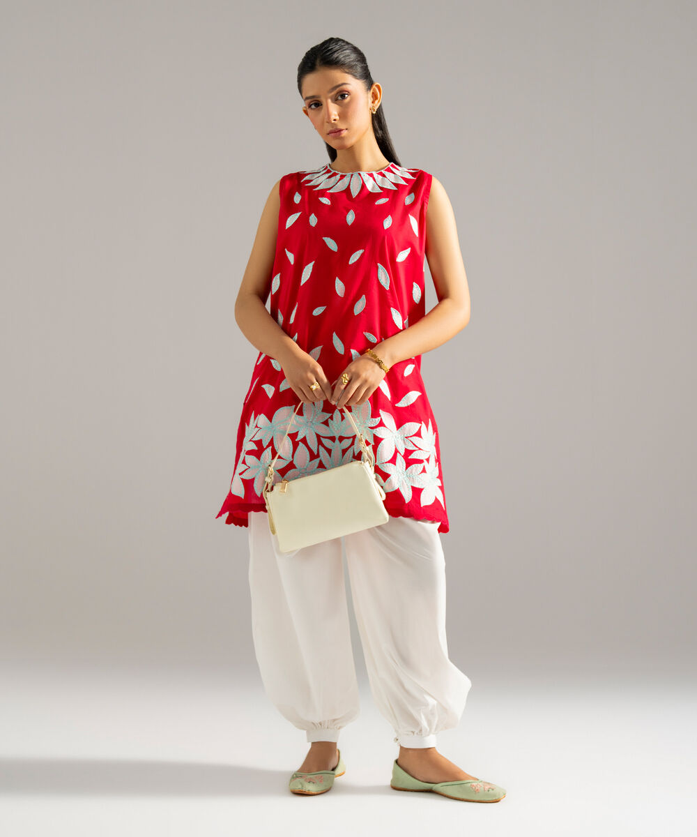 Women's RTW Lawn Solid Embroidered Red 2 Piece Suit