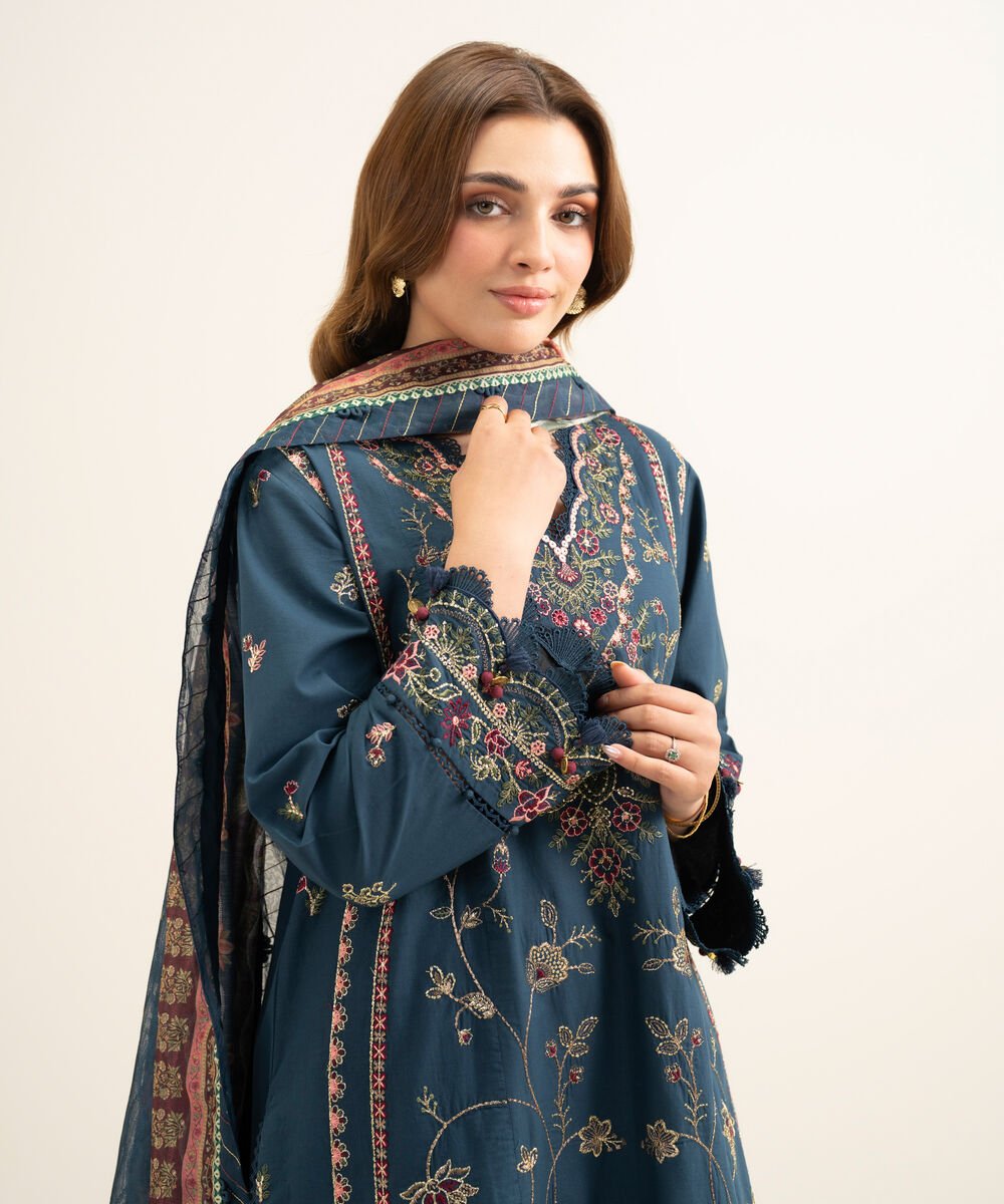 Women's Unstitched Cotton Embroidered Blue 3 Piece Suit