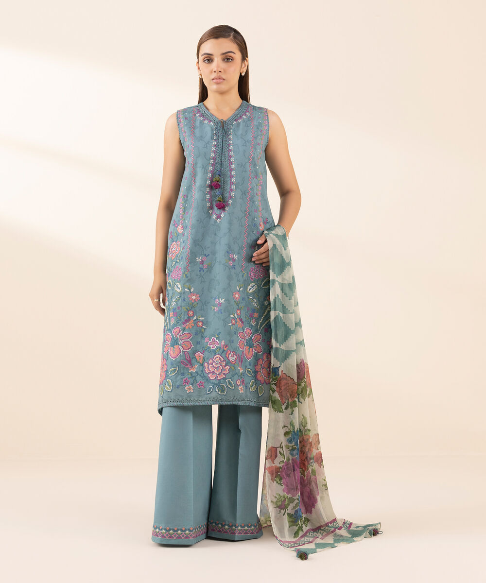 Women's Unstitched Cotton Jacquard Embroidered Blue 3 Piece Suit